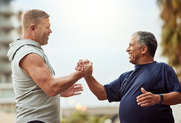 Image showing Old man, fitness and people handshake for health, lose weight or wellness thank you, support and accountability training, exercise or workout. Community friends, sports trust or teamwork hands shake