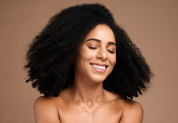 Image showing African hair, afro and face of model girl happy with shampoo hair care, clean healthy hair or spa salon healthcare. Wellness, beauty and aesthetic black woman with skincare glow, makeup and cosmetics