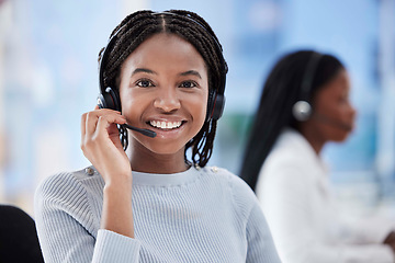 Image showing Black woman, portrait and call center headset in telemarketing office, contact us company or b2b sales business. Smile, happy face and customer support consultant in CRM coworking space on help deal