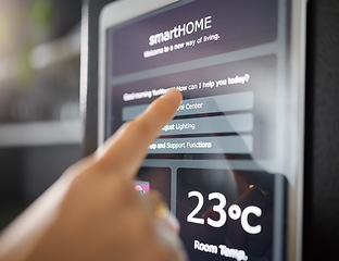 Image showing Smart home technology, wall and hands of woman with digital app monitor for thermostat heating, security network or house automation. AI software system, ui control panel or girl with IOT electronics