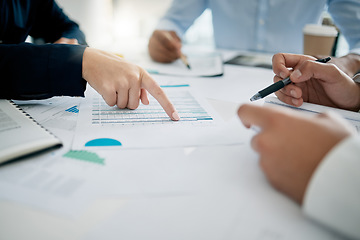 Image showing Strategy, planning and hands on documents for tax audit report or financial statement for startup business. Accounting, paperwork and meeting for finance target, goals or research analysis in office.