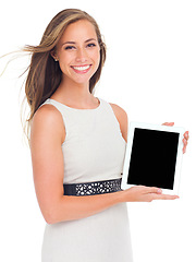 Image showing Face, portrait and woman with tablet mockup in studio isolated on a white background. Marketing, branding and happy female holding touchscreen technology for product placement or advertising space.