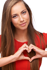 Image showing Woman, love portrait and hands shape together for support, peace and relax calm energy in white background. Model, face and heart symbol, emoji icon sign and romance hand gesture isolated in studio