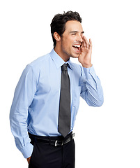 Image showing Excited businessman, hand or shouting on studio background for finance deal, investment or stock sales. Happy, screaming or yelling financial worker on white mockup backdrop in savings review or vote