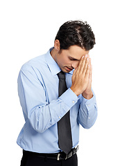 Image showing Corporate businessman, praying hands or hope on studio background for new job opportunity, sales deal or promotion. Prayer, hand gesture or worker employee on mockup backdrop in worship for good luck