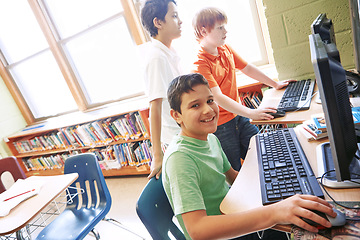 Image showing Portrait, computer and friends in class with a boy working online on a school project for education. Kids, classroom and internet with a male child doing research for learning, growth or development