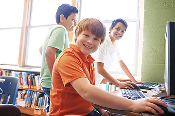 Image showing Children, education or portrait in classroom on computer for learning, research or website search. Scholarship, thinking or happy students in school library for social network, academy or assessment