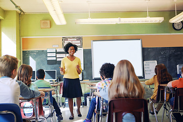 Image showing Black woman, teacher and classroom with students for education, learning support and knowledge development. African female, preschool classroom and academic discussion or teaching young children