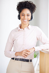 Image showing Call center, smile and portrait of black woman in customer service, telecom consultant and technical support. Happy female sales agent, advisory and telemarketing help for customer support questions