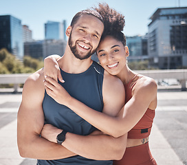 Image showing Fitness, portrait and couple of friends in city workout, training or exercise in support, love and motivation with hug for teamwork. Urban, sports and athlete friends smile for cardio or muscle goals