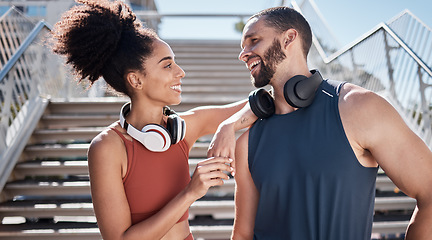 Image showing Fitness, city and happy couple doing an outdoor workout for health, wellness and sport training. Sports, happiness and young man and woman athletes doing cardio exercise together for race or marathon