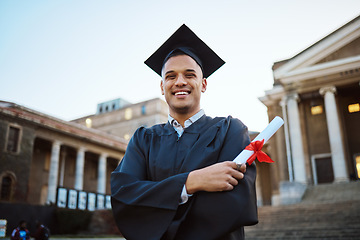 Image showing University, graduation and happy man with a diploma scroll standing outdoor of his campus. Education, scholarship and male graduate from Mexico with academic certificate or degree for college success