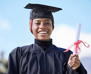 Image showing Diploma, education and black woman graduate in portrait, university success and graduation achievement. Student in graduation cap outdoor, motivation and future, happy woman with certificate