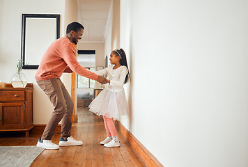 Image showing Dance, happy and ballet with father and daughter holding hands for learning, support and bonding. Princess, teaching and music with dad and girl in black family home for freedom, wellness and helping