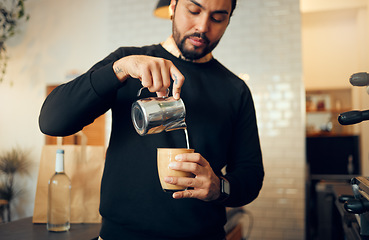 Image showing Coffee, milk and latte of man in cafe for cappuccino, breakfast and caffeine beverage. Relax, espresso machine and dairy with barista in coffee shop service for retail, mocha and drink preparation