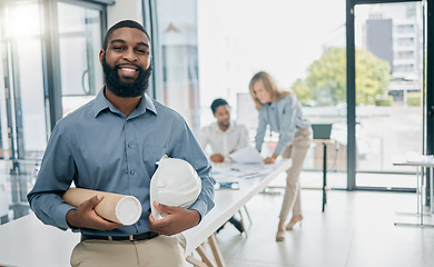 Image showing Portrait, black man and engineer in office, hard hat and blueprints for new building, collaboration or happy. Architecture, Nigerian male or builder for real estate development or helmet in workplace