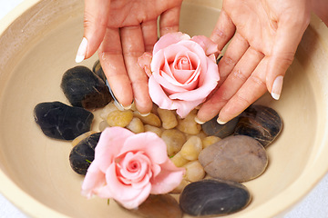 Image showing Flowers, skincare and hands of woman in water bowl for cleaning or hygiene. Floral therapy, spa treatment and female soak hand and washing with pink roses and stones for detox, beauty and manicure.