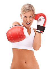 Image showing Sports, boxing gloves and portrait of woman punching with confidence and motivation to box, isolated on white background. Boxing, exercise and empowerment, female boxer ready for challenge in studio.