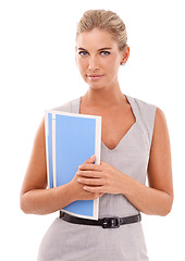 Image showing Portrait, businesswoman and paper folder with white background, documents and report. Female corporate worker, employee and paperwork in studio of receptionist, young entrepreneur or secretary staff