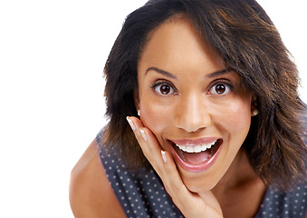 Image showing Wow, surprise and portrait of black woman on a white background for wellness, cosmetics and makeup. Skincare, beauty and face headshot of girl with big smile, confident and omg expression in studio