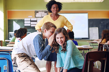 Image showing Students, secret and whisper in classroom with teacher in elementary school. Education, learning and children gossiping, sharing answers or cheating with black woman or educator watching in class.