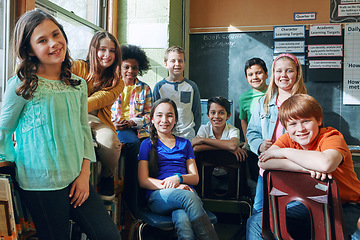 Image showing School, children and classroom portrait of diversity students together to learn and study. Happy boy and girl group in class while learning for future education, knowledge development and growth