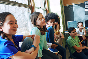 Image showing School children and portrait and diversity friends in a classroom to learn, study and gain knowledge. Happy boy and girl group students in class while learning skills future, development and growth