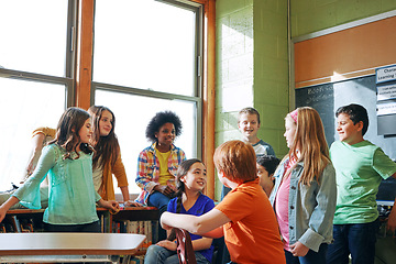 Image showing School, children and students talking in a classroom to learn, and study for knowledge and education. Diversity boy and girl group in class learning for future, development and growth at discussion