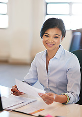 Image showing Business woman, paperwork and portrait at office desk while planning or doing admin for report document. Happy accounting management female with a smile and reading financial information for analysis