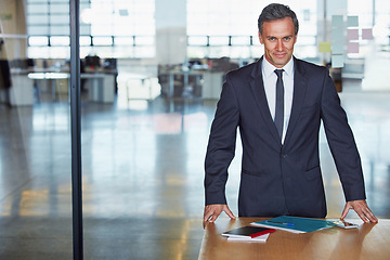 Image showing Portrait, leadership and business man in office ready for targets or goals. Ceo, boss and happy male entrepreneur from Canada standing in company workplace with vision, mission and success mindset.