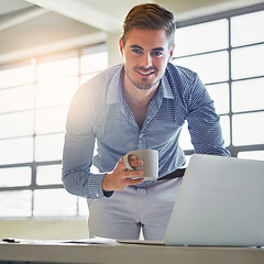 Image showing Business man portrait, laptop and information technology with software development, coffee cup and internet. Corporate IT employee, ux with system upgrade and connectivity, wifi and tech programming