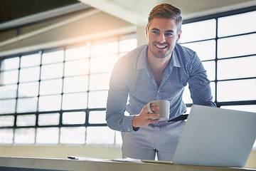 Image showing Business man, laptop and information technology with software development with coffee cup and internet. Corporate IT employee, ux with system upgrade and connectivity, wifi and tech with programming