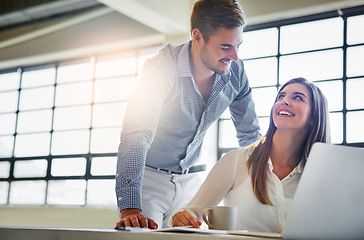 Image showing Training, coaching and business people with laptop in office workplace. Planning, manager and man helping woman on computer with advertising project, sales proposal or marketing strategy in company.