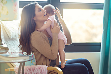 Image showing Mother, bonding or hugging baby girl in house living room or family home nursery in support trust, love or security. Mom, infant or child embrace in sleeping help, stop crying or burping after eating