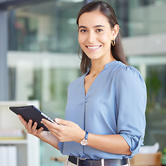 Image showing Tablet, office and business woman in portrait for website management, Human Resources innovation and recruitment software. HR worker with digital technology for workflow, time management and hiring