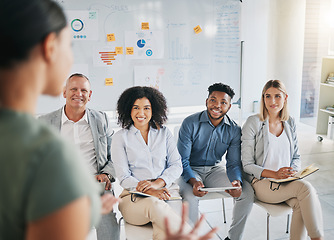 Image showing Presentation, marketing and business people in a meeting for training, sales workshop and happy at a group interview. Seminar, learning and employees listening to a mentor teaching a strategy