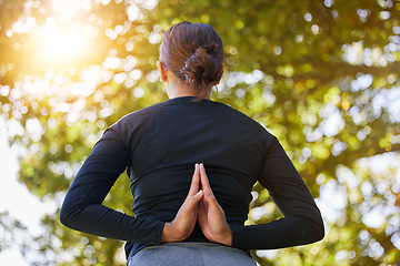 Image showing Yoga, prayer hands and back of woman at park for health, wellness and flexibility. Zen chakra, pilates and female meditating, stretching and training outdoors alone in nature for workout or exercise.