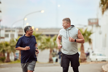 Image showing Running, friends and senior men in city for fitness, healthy lifestyle and outdoor wellness. Happy mature males, urban training and exercise in street for energy, power and sports workout together