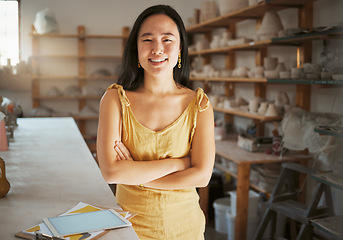 Image showing Asian woman, portrait and ceramic business art studio for product manufacturing, sculpture artist and creativity retail store. Pottery workshop, artistic woman success and creative artwork happiness