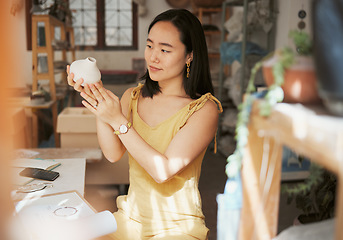 Image showing Woman, pottery product and designer in workshop, creative studio and manufacturing startup. Female small business owner, ceramic talent and artist working with sculpture, creativity and craft process