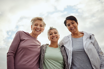 Image showing Senior women, portrait and exercise group for fitness, workout or team on mockup sky background. Low angle, elderly female face and sports friends in support of wellness, healthy retirement and smile