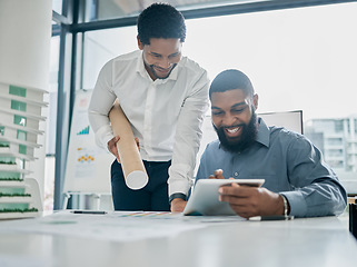 Image showing Tablet, architecture and collaboration with a business black man architect team working in their office. Building, design or teamwork with a male employee and colleague at work on a development model