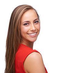 Image showing Portrait, beauty and mockup with a woman in studio isolated on a white background to promote a product for skincare product. Face, dental and an attractive young female posing for oral hygiene