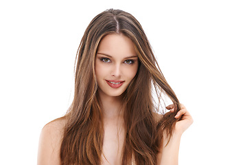 Image showing Beauty, hair care and portrait of a woman with makeup, cosmetics and shampoo product results. Female model on white background for hairdresser and salon advertising for growth and shine in studio