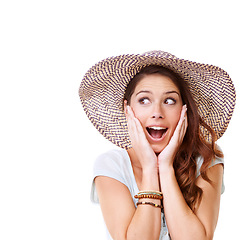 Image showing Woman, wow face and studio with hat for summer, fashion and excited for vacation with facial beauty. Model, clothes and surprise with hands, background and sunhat for safety from sunburn on holiday