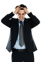 Image showing Stress, anxiety and mental health of business man in studio isolated on a white background. Burnout, depression and portrait of sad male employee from Canada after bad news, deal or financial crisis