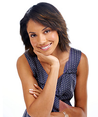 Image showing Studio, portrait and black woman thinking, smile and relax against a white background mockup. Face, confident and young woman model happy, content and feeling positive, beautiful and cheerful