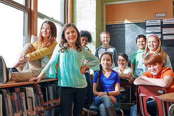 Image showing School portrait, students and education with children classroom to learn and study for knowledge. Boy and girl diversity group students in class while learning for future, development and growth