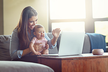 Image showing Mother, baby or waving on laptop video call in house or home living room in social distancing communication. Smile, happy or hello mom and child girl on sofa zoom technology for social network talk