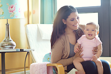 Image showing Mom, bonding or laughing baby on nursery chair, house living room or family home furniture in trust, love or support. Smile, happy mother and infant girl in funny, goofy or comic or game for children